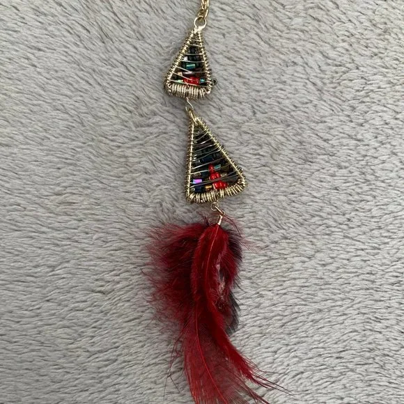 Express Layered Golden-Toned Beaded Triangles and Feather Necklace - Picture 11 of 15